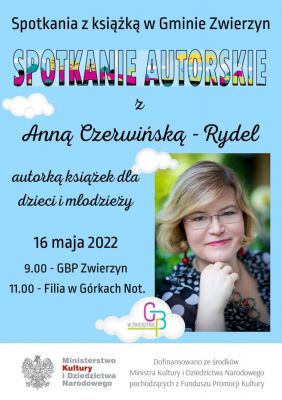 Plakat promujący spotkanie autorskie z Anną Czerwińską-Rydel
